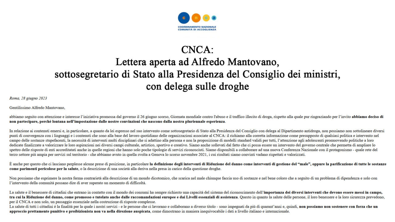 CNCA: Lettera aperta ad Alfredo Mantovano